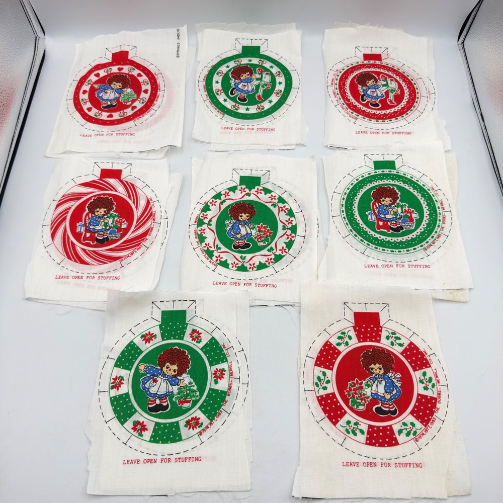 Raggedy Ann Ornament Fabric Panel Red Green Vintage 1983 Lot of 8 DIY Craft